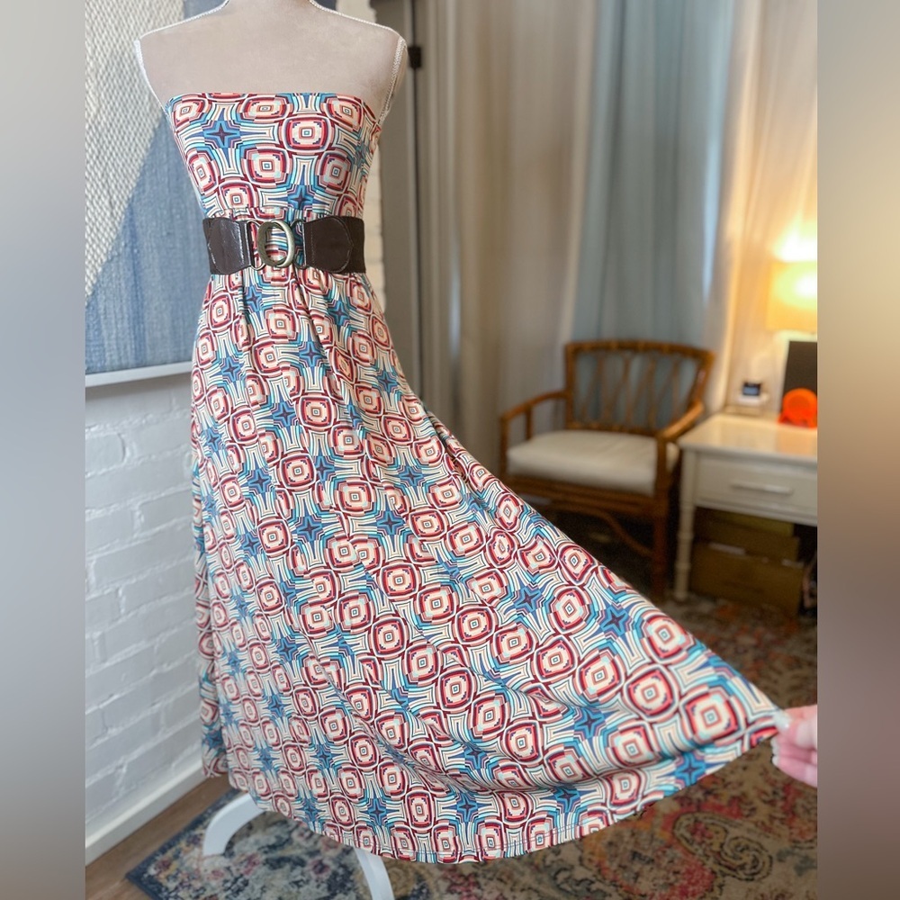 Lula Roe Blue and Red Geometric Knit Maxi Dress/Skirt Combo